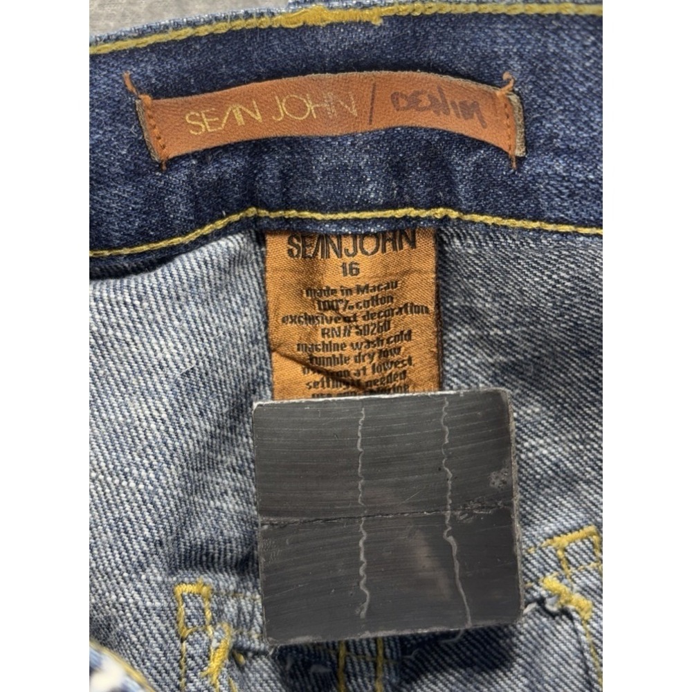 VTG Y2K Sean John Baggy Jeans Script Dark Wash Indigo Unisex Youth 16 Fits 28x30 - Picture 2 of 14